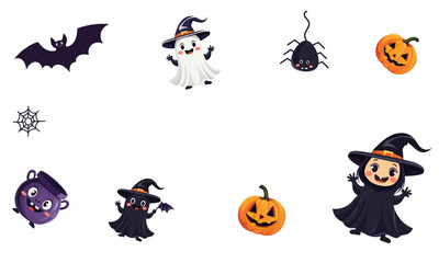 Template with Cute Halloween vector illustration with witch, ghost, pumpkin, bat, spider, cauldron, web and holiday decorations on white background. Perfect for kids design, party invitation, pattern