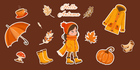Set of autumn items. Vector illustration of fallen leaves, pumpkin, umbrella, yellow raincoat, hot cup of coffee, girl, rubber boots, and mushrooms. An atmosphere of comfort and nature. Autumn season