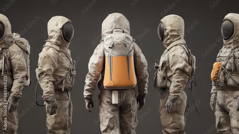 Poster astronaut wearing dirty spacesuit with backpack exploring new planet
