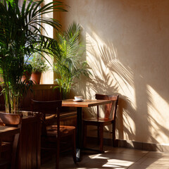 Sunlit Tropical Dining Nook with Wooden Furniture and Lush Indoor Plants in Cozy Corner
