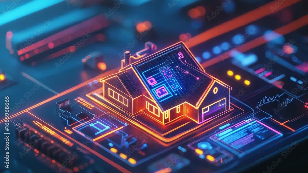 Poster futuristic smart home emerging from a circuit board with glowing lines