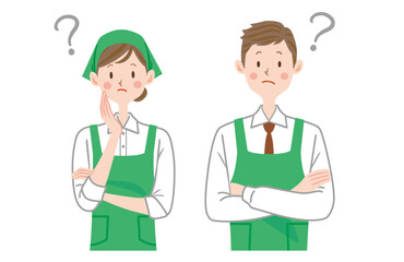 考えるスーパーの店員のイラスト　パート　アルバイト　男女
