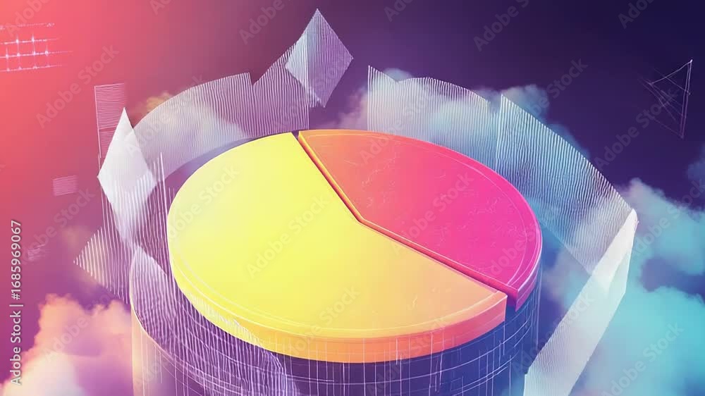 Poster pie chart floating on clouds symbolizing market share in cloud computing