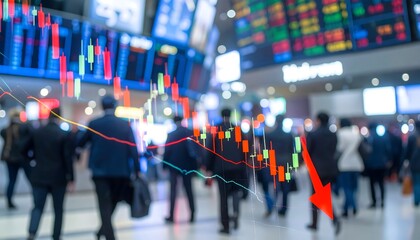 Blurred image of a busy interior space, likely a financial center, with stock market graphs overlayed, showing a downward trend. People are walking in the foreground