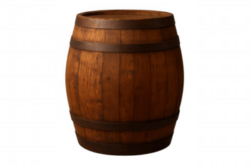 Classic wooden barrel with aged metal rings, isolated on transparent background, ideal for projects related to wine, beer, or storage