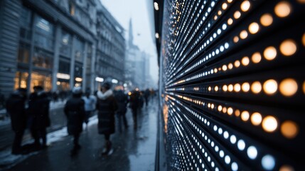 Close medium shot capturing the sleek design of a commercial LED sign sharply in focus with blurred people and storefronts in the background for contrast.