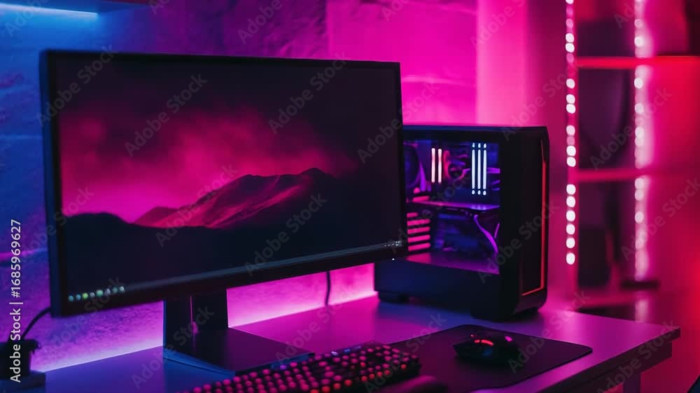 Poster modern gaming computer setup with neon lights illuminating room
