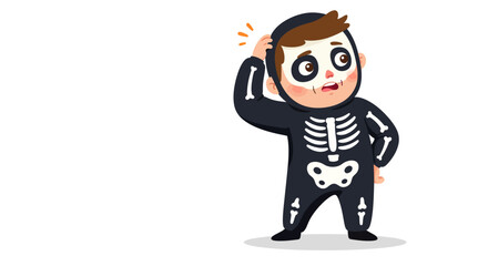 Funny Cartoon Boy in Skeleton Costume Scratching Head Halloween Character Vector Illustration Isolated