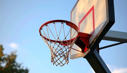 Close-up view of a basketball hoop against a clear blue sky.?The red rim and white net of the hoop are sharply in focus, while the background features a slightly blurred out-of-focus image of trees.
