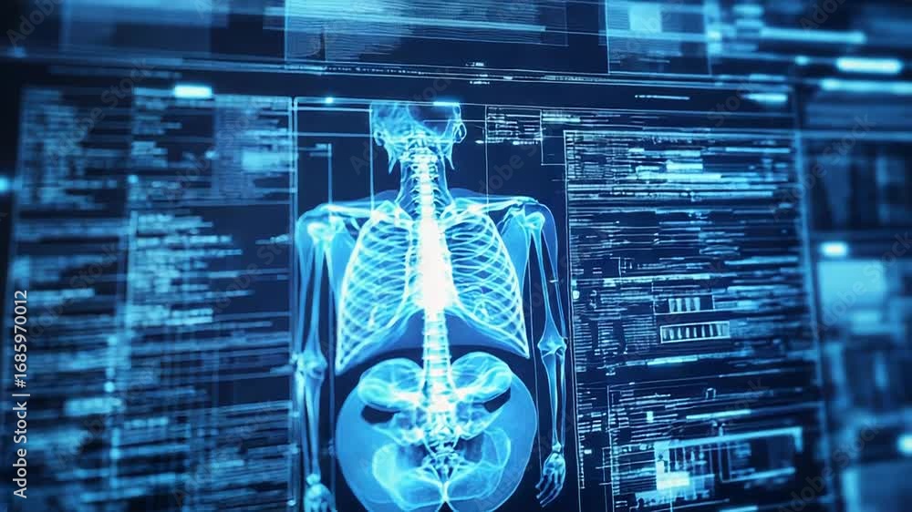 Aufkleber digital x ray of human skeleton displaying on futuristic screen with programming code
