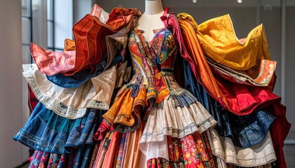 Colorful Layered Avant-Garde Dress with Beadwork and Textile Details