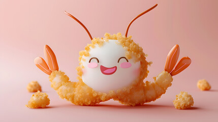 Obraz premium 3d Cartoon fried shrimp ebi fry mockup golden