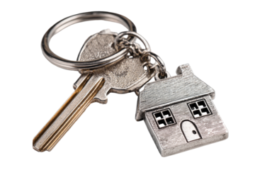 House keys on a keyring.  Metal keys and a small house charm hang from a ring.  Simple, close-up
