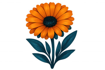 Vibrant orange flower with teal leaves standing against transparent background, offering minimalist botanical design element