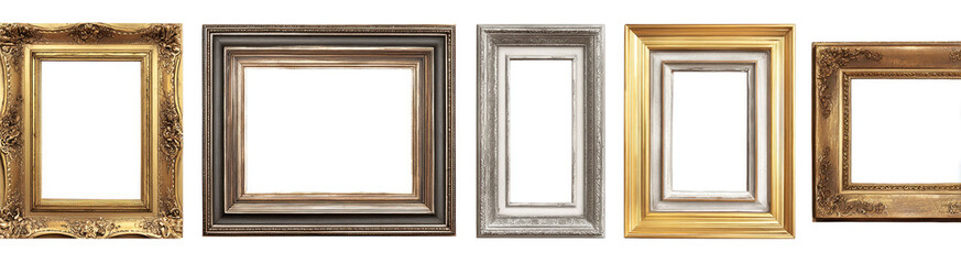 Four ornate picture frames in various colors