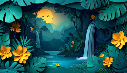 Tranquil Tropical Waterfall Oasis A Paper Art Paradise