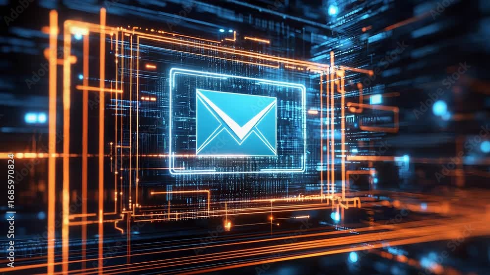 Poster email icon sending data through futuristic digital circuitry