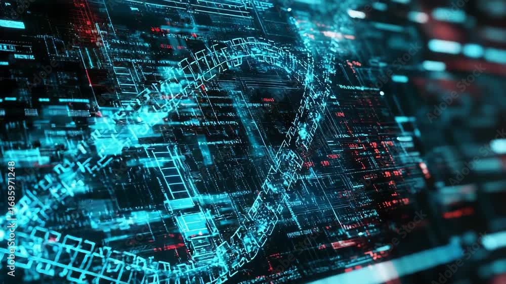 Poster digital dna helix rotating on futuristic interface with code