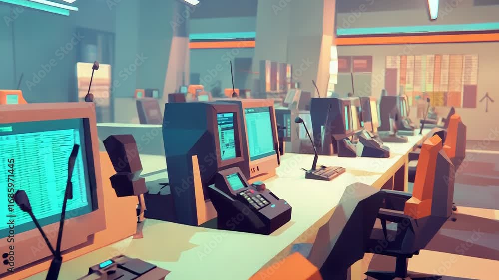Poster low poly style illustration of mission control center with multiple computer terminals