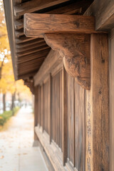 Traditional wooden architecture with intricate carved details and warm autumn foliage in the background
