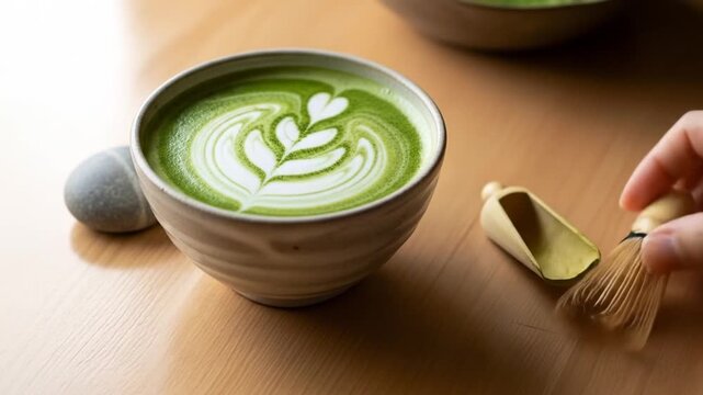 Matcha latte with art in a ceramic bowl, with extras on wood surface