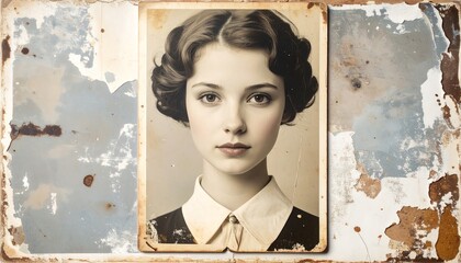 Vintage photo featuring a young woman with a classic hairstyle, framed by distressed edges