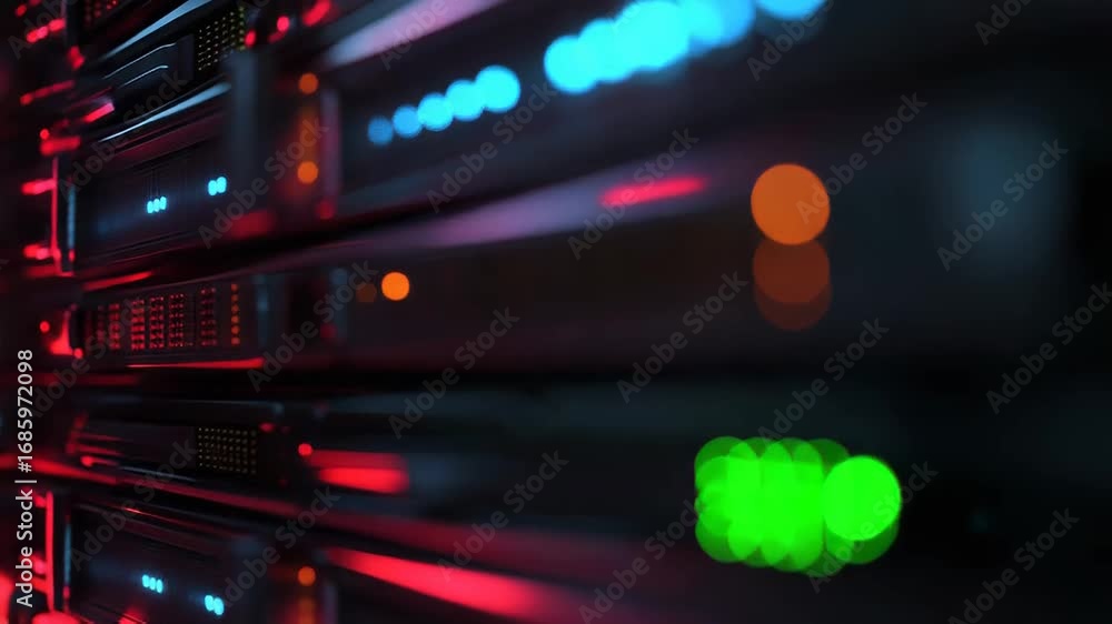 Poster server room blinking lights showing data processing activity