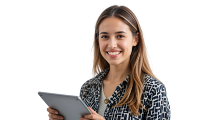 Smiling woman holding a tablet isolated on transparent background is looking at viewer