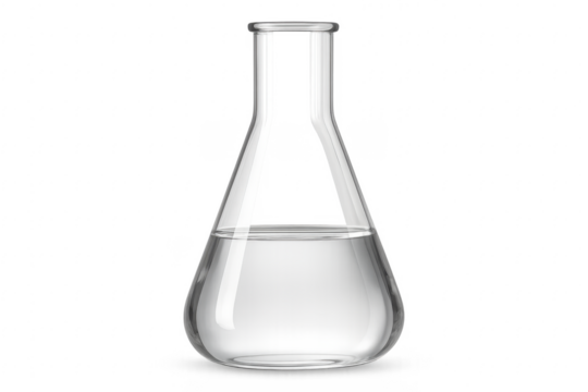 Erlenmeyer flask containing transparent liquid on transparent background