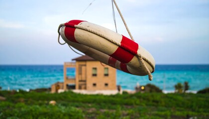 A life preserver hangs over the ocean