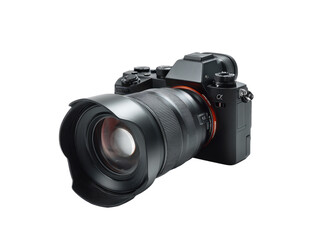 High-angle, full shot of a modern, black digital camera with a large lens.  The camera's body and lens are matte black.  Lens elements are visible within the lens