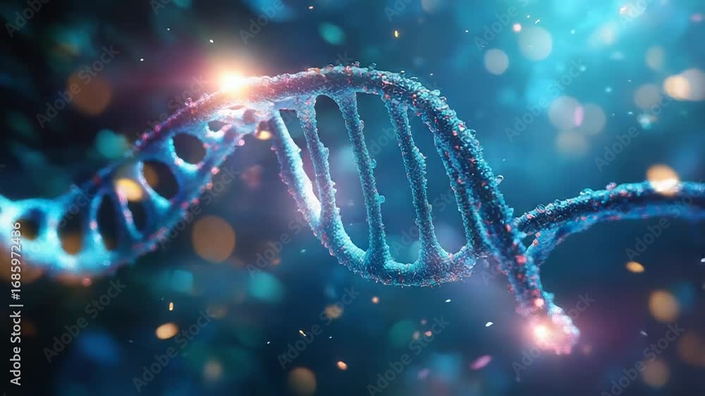 Poster dna structure rotating in a microscopic environment with bokeh effect