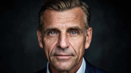 Fototapeta premium Portrait of a mature man with blue eyes against a dark background
