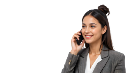 Smiling businesswoman in blazer isolated on transparent background is talking on phone