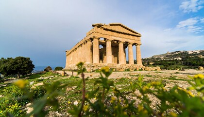 Fototapeta premium Ancient temple ruins, light tan stone, surrounded by greenery and hills
