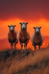 Fototapeta premium Silhouette of sheep resting meadow hill at sunrise glowing rural sky creating farm livestock lifestyle scene