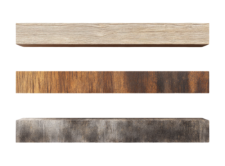 Three horizontal wooden planks, light beige, medium brown, and dark grey