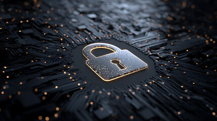 Digital security concept featuring a glowing padlock on a circuit board background with lights