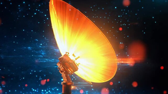 Satellite dish receiving data in space with light trails