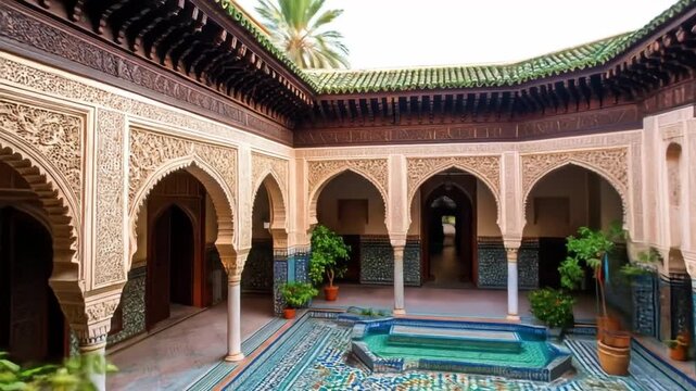 Intricate Moorish Courtyard with Fountain and Tilework, a Serene Cultural Oasis