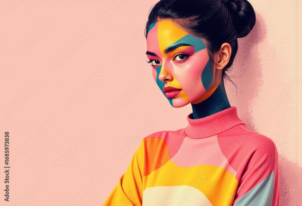 Poster individual with a sharp graphic face pattern, showcasing vibrant colors and artistic expression