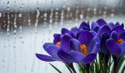 Spring flowers of blue crocuses in drops of water on the background