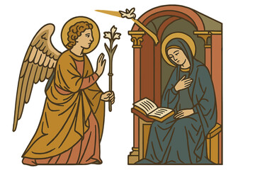 Fototapeta premium Fresco of the Annunciation featuring Archangel Gabriel and the Virgin Mary located in the Baptistery of San Giovanni, Siena, Italy, from the 15th century