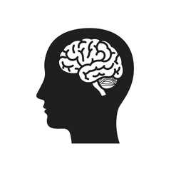 Silhouette of human head with detailed brain inside, medical anatomy icon symbolizing intelligence, thinking, psychology, and mental health