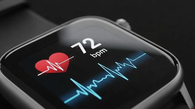 Close up of a smart watch displaying a heart rate monitor with a heart icon and graph, promoting health tracking and wearable technology for fitness and well being. - Powered by Adobe