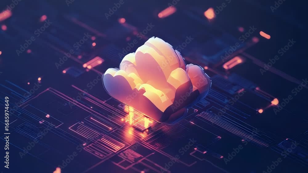 Poster cloud computing symbol emerging from futuristic circuit board