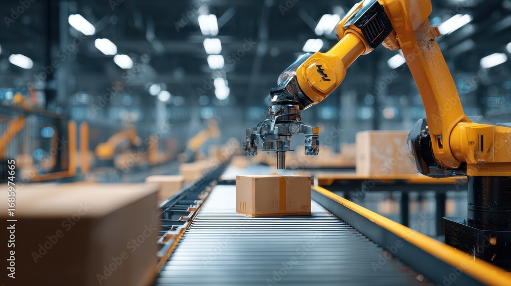 Poster detailed view of an aidriven robotic picker selecting items from bins sharp foreground action contra