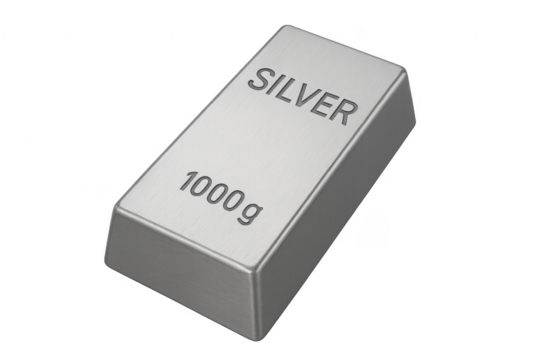 Silver bar ingot weighing one kilogram on transparent background