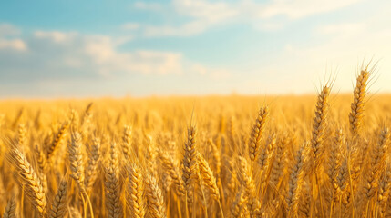 Fototapeta premium Golden wheat field under a bright blue sky with fluffy white clouds at harvest time 