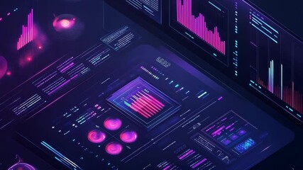 Futuristic interface showing interactive data analysis and statistics with charts and graphs